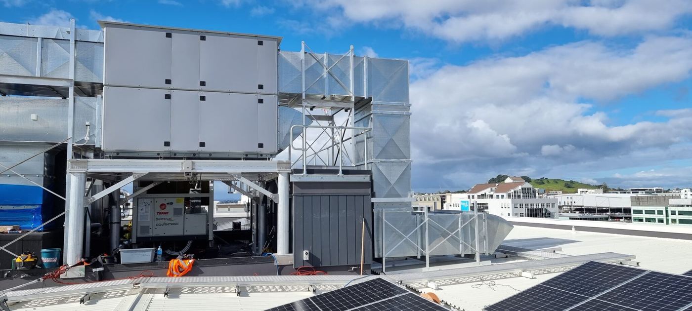 Rooftop air handling unit and ductwork installed by Clean Air Systems on an Auckland commercial building